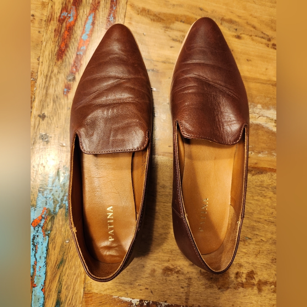 Patina Handmade Brown Leather Pointed Toe Loafers for Women